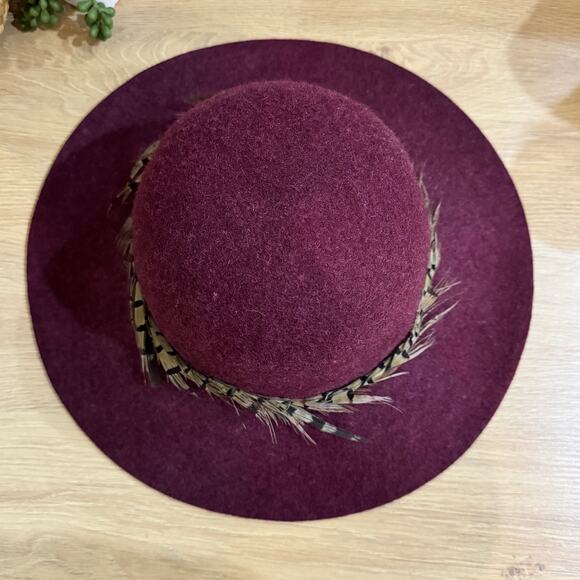 HINGE Nordstrom Feather Trimmed Floppy Wool Hat One Size Burgundy Tan Adjustable - Picture 8 of 8